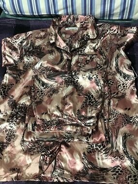 Joan Vass Satin Pajama Set in Pink, Black and Cream